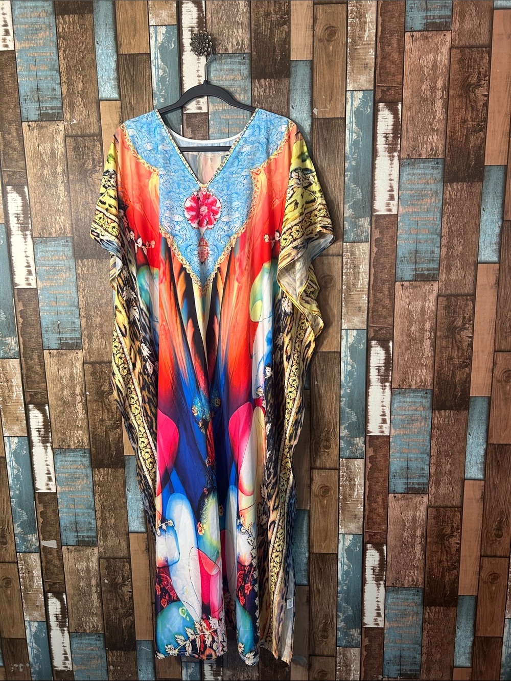 Vibrant Multi-Color Kaftan Dress with Blue Trim
